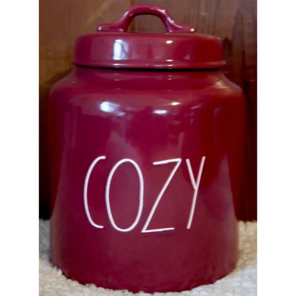 Rae Dunn Burgundy Ceramic "Cozy" Canister Cookie Jar With Lid - Picture 2 of 10